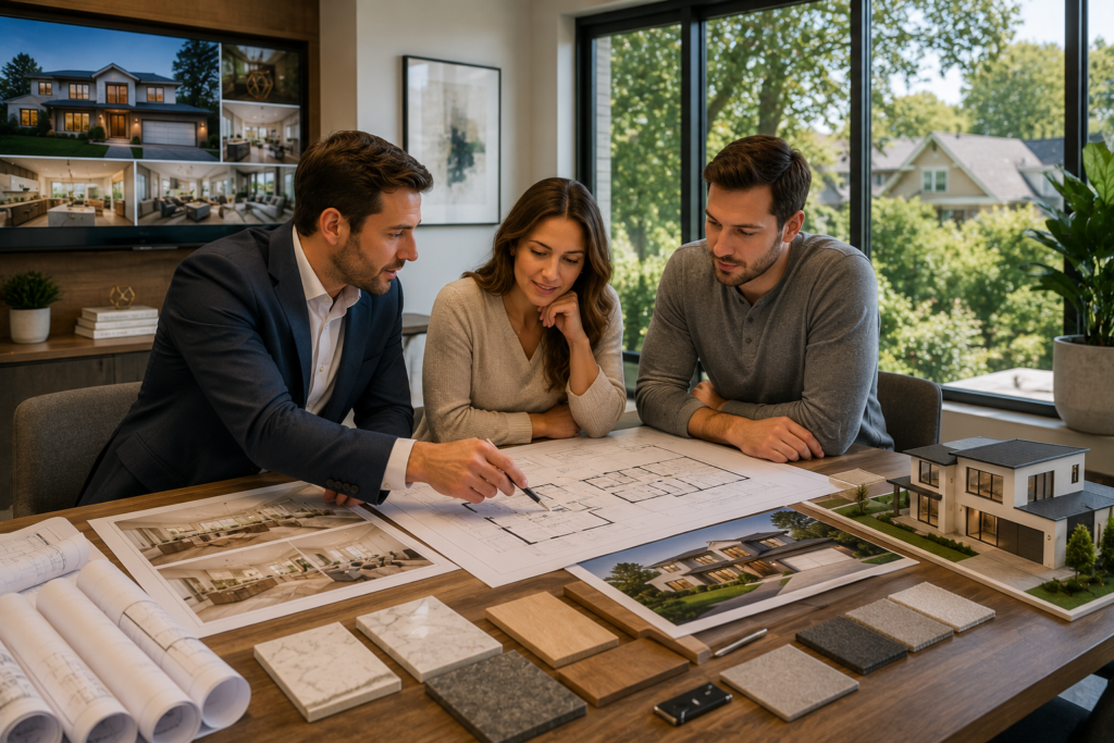 Architect and homeowner reviewing custom home construction plans in Silver Spring MD