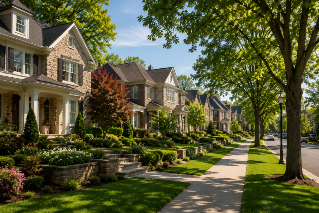 Beautiful residential neighborhood with luxury homes and tree-lined streets in Towson Maryland