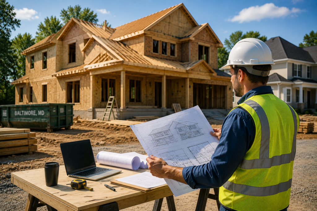 Construction manager reviewing custom home blueprints at a residential building site in Silver Spring Maryland
