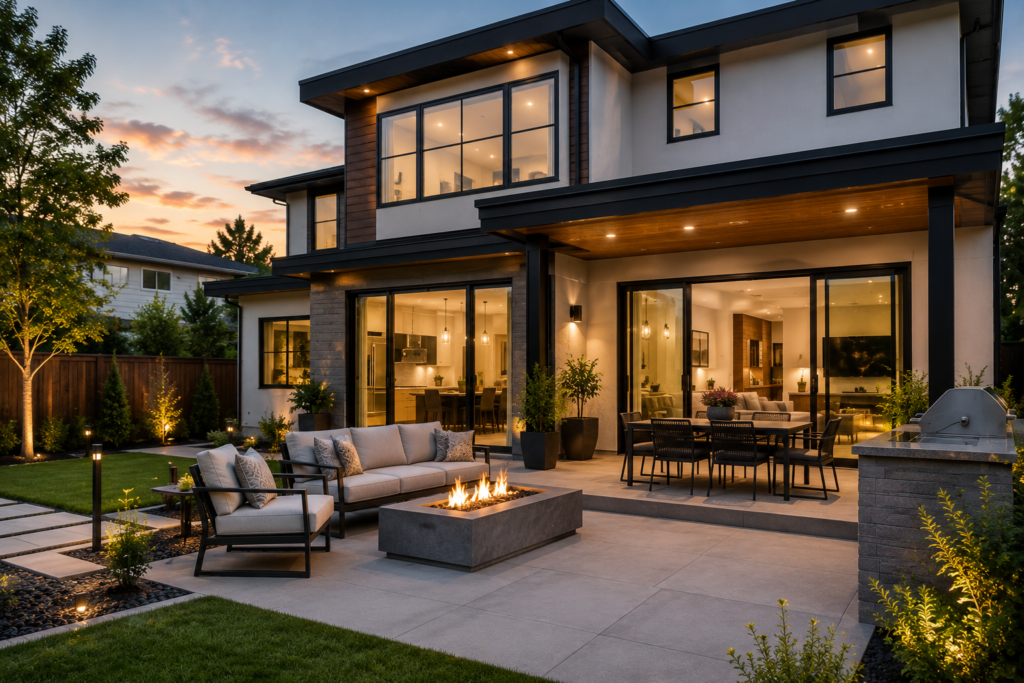 Contemporary custom home with landscaped outdoor living space in Germantown MD