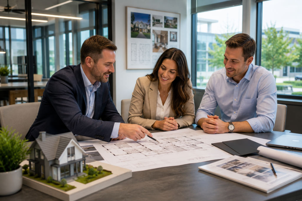 Homeowners reviewing custom home floor plans with building professionals in Germantown MD