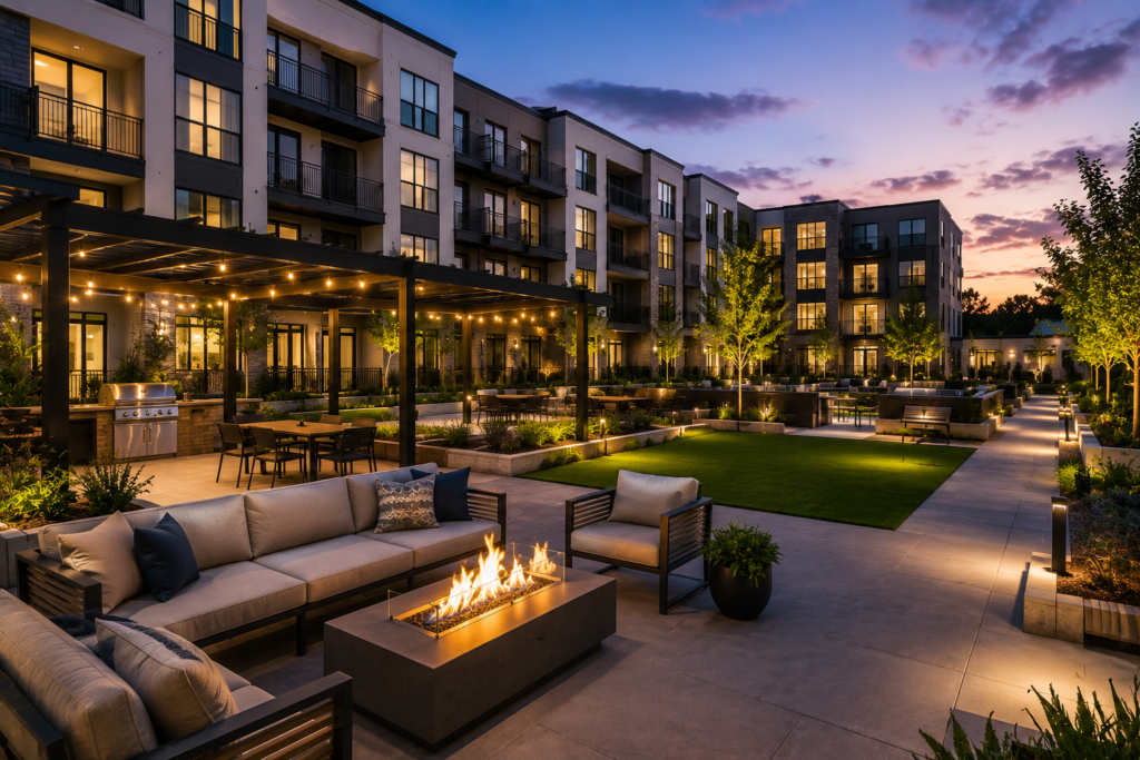 Luxury apartment community with landscaped outdoor amenities in Montgomery County Maryland