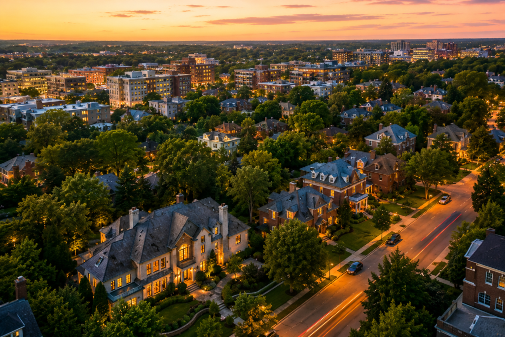Luxury residential neighborhoods and tree-lined streets in Bethesda Maryland