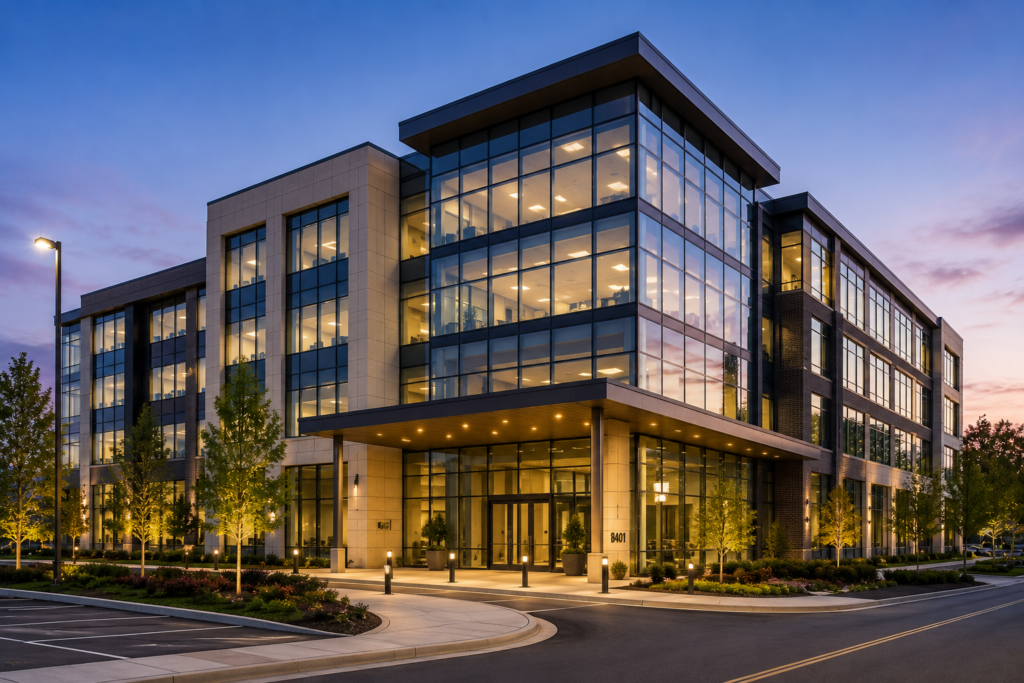 Modern commercial office building representing investment opportunities in Silver Spring MD