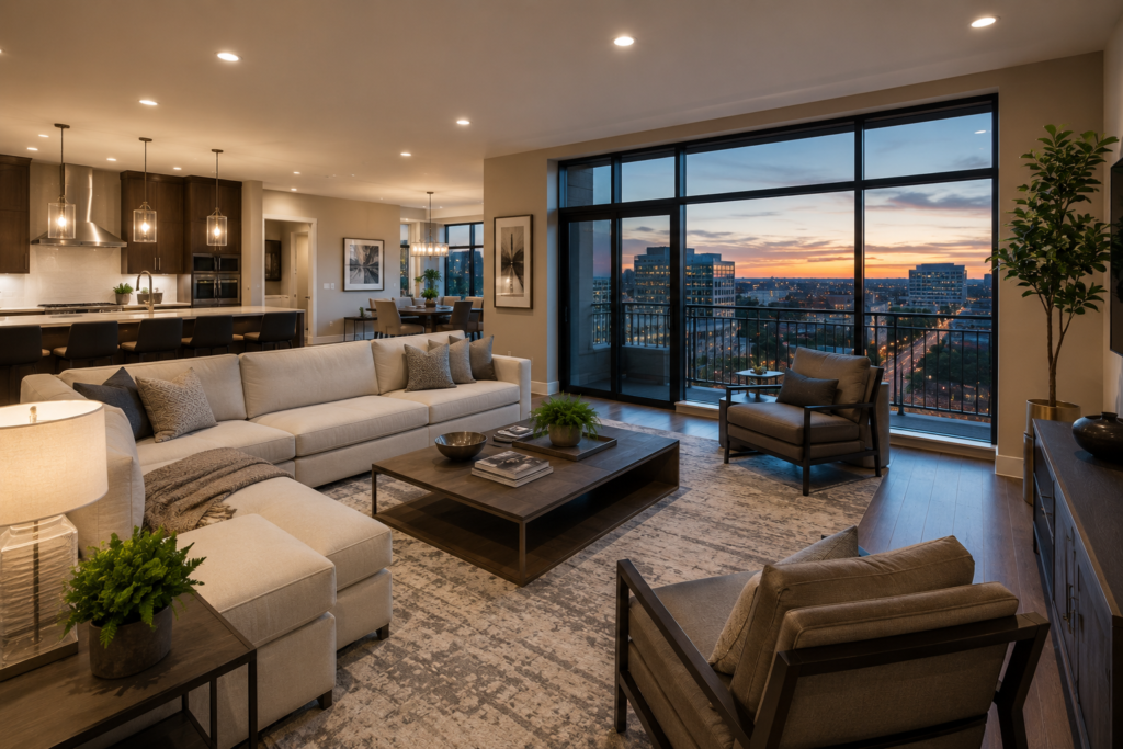 Modern luxury living room designed for a custom home in Germantown MD