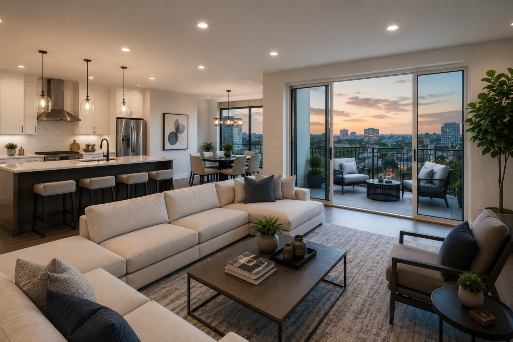 Open-concept luxury apartment style interior with premium modern finishes