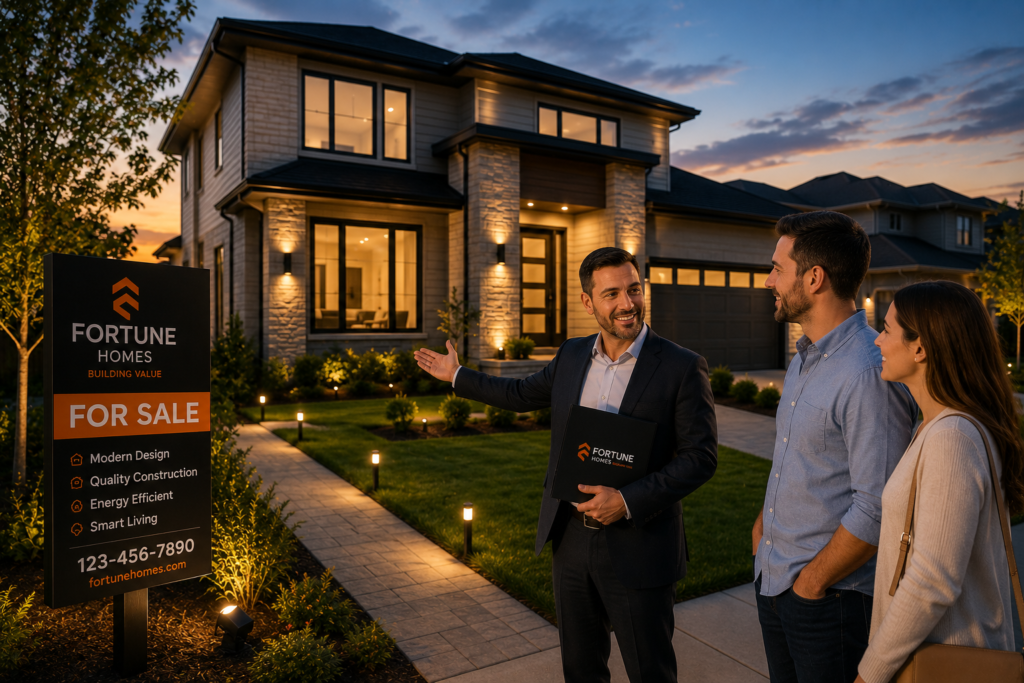 Real estate consultation outside a modern home in Dundalk Maryland