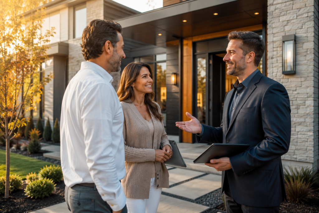 Real estate consultation outside a modern luxury home in Parkville Maryland
