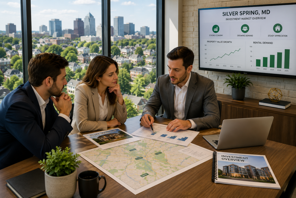 Real estate professionals discussing property investment opportunities in Silver Spring Maryland