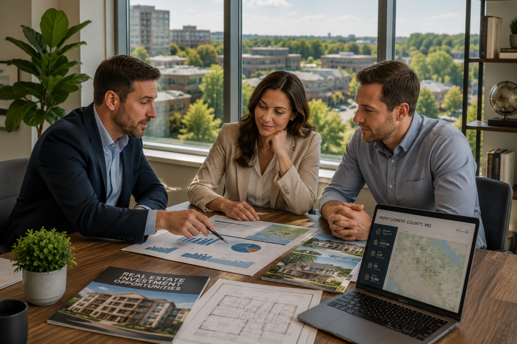 Real estate professionals reviewing property investment plans in Montgomery County MD