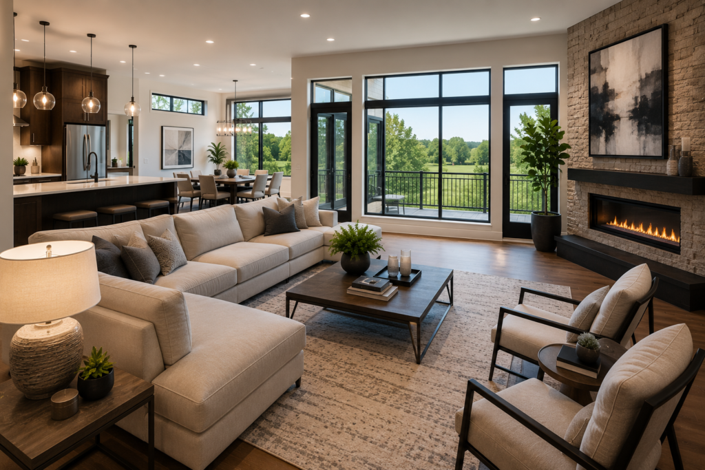 Spacious modern open-concept living room in a luxury Germantown MD custom home