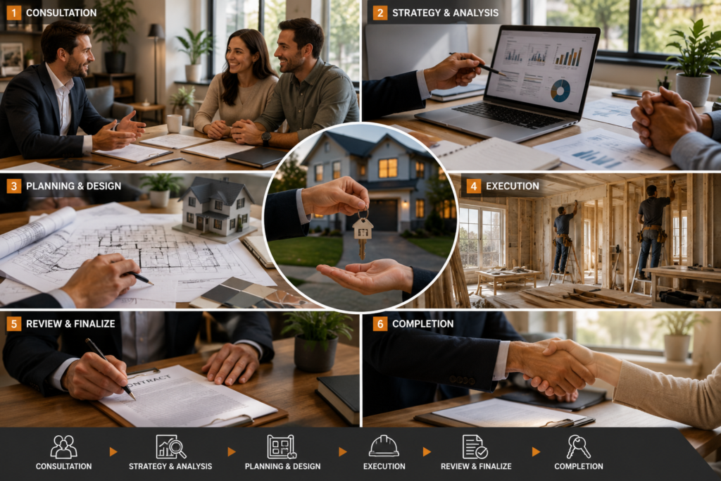 Step by step real estate investment process from consultation to project completion in Towson MD